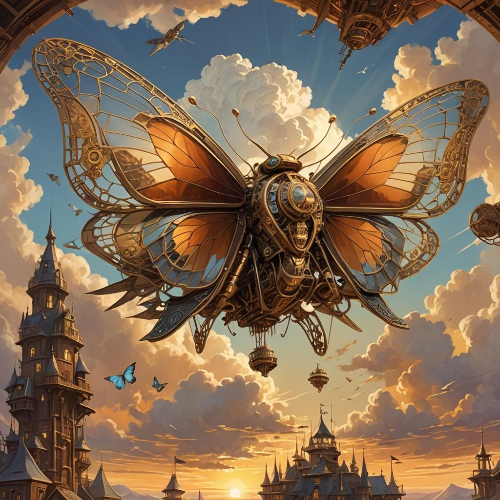 Butterfly Airship Soaring Through Sunset Clouds