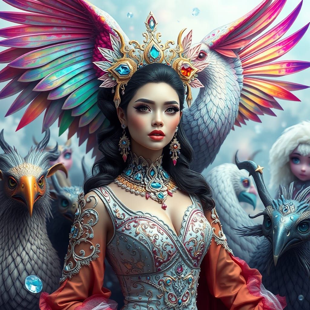 Mythical Lady with Bird in Hyper-Realistic 3D Style