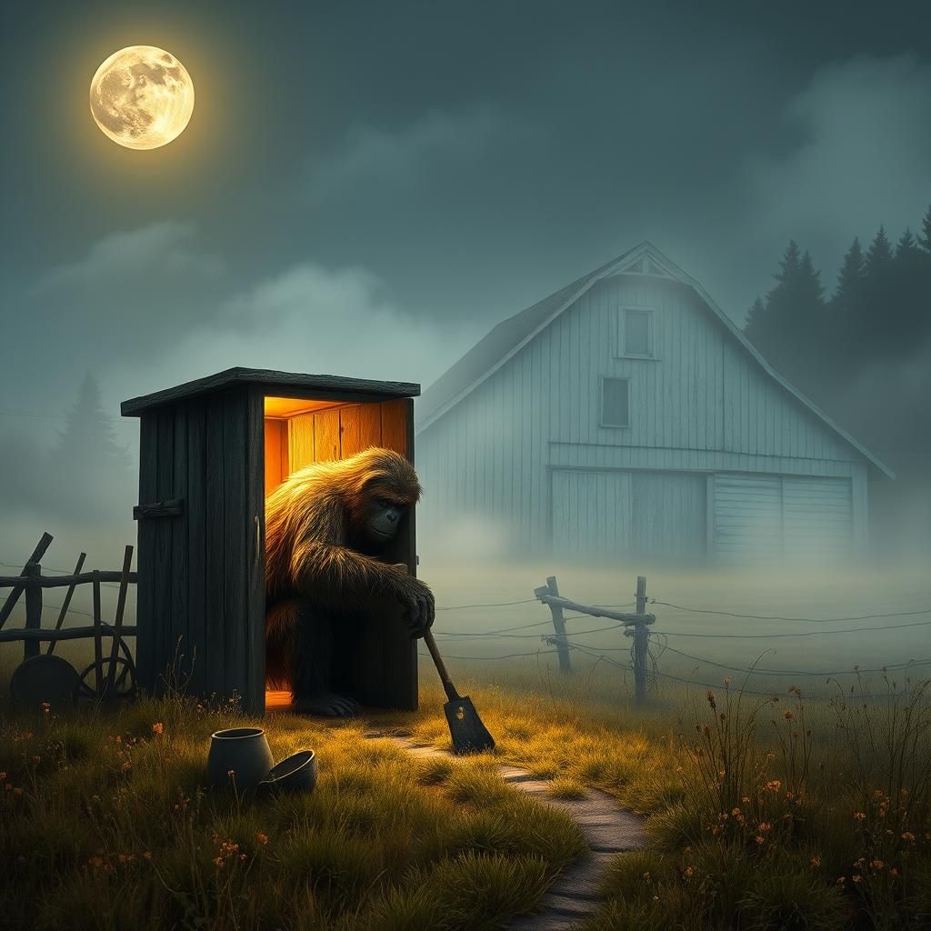 Sasquatch's Outhouse Ritual in Misty Moonlight