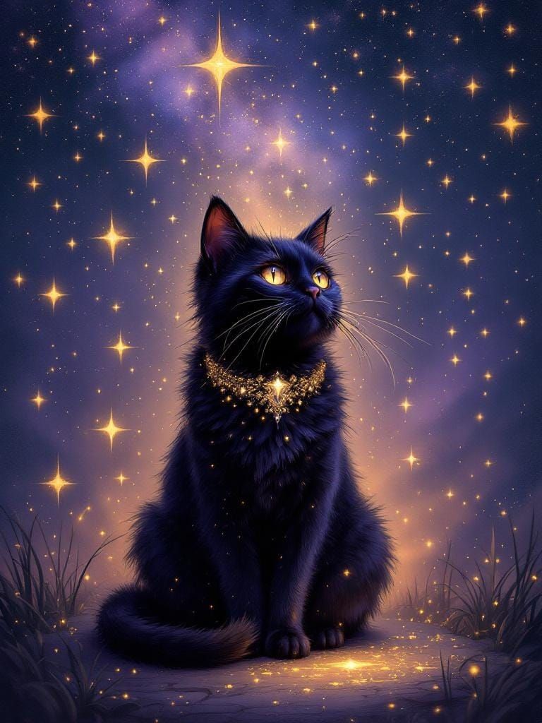 Black Cat Under Celestial Sky in Whimsical Style