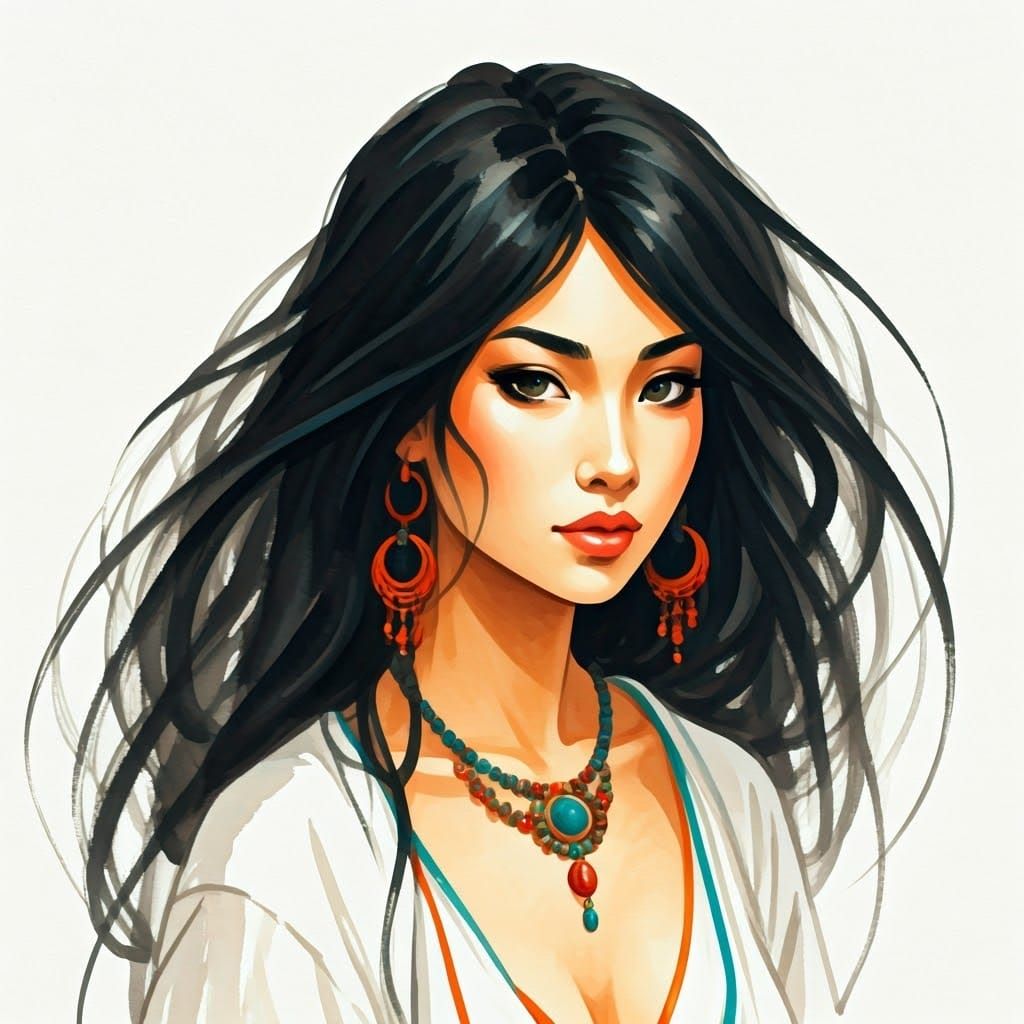 Gypsy Woman Portrait in Chinese Ink Wash Style