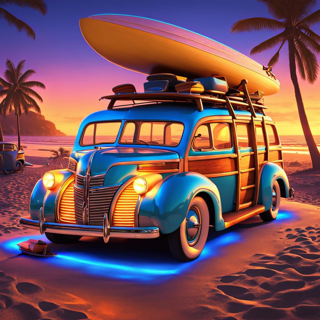 Cyberpunk 1938 Woodie Wagon at Sunset