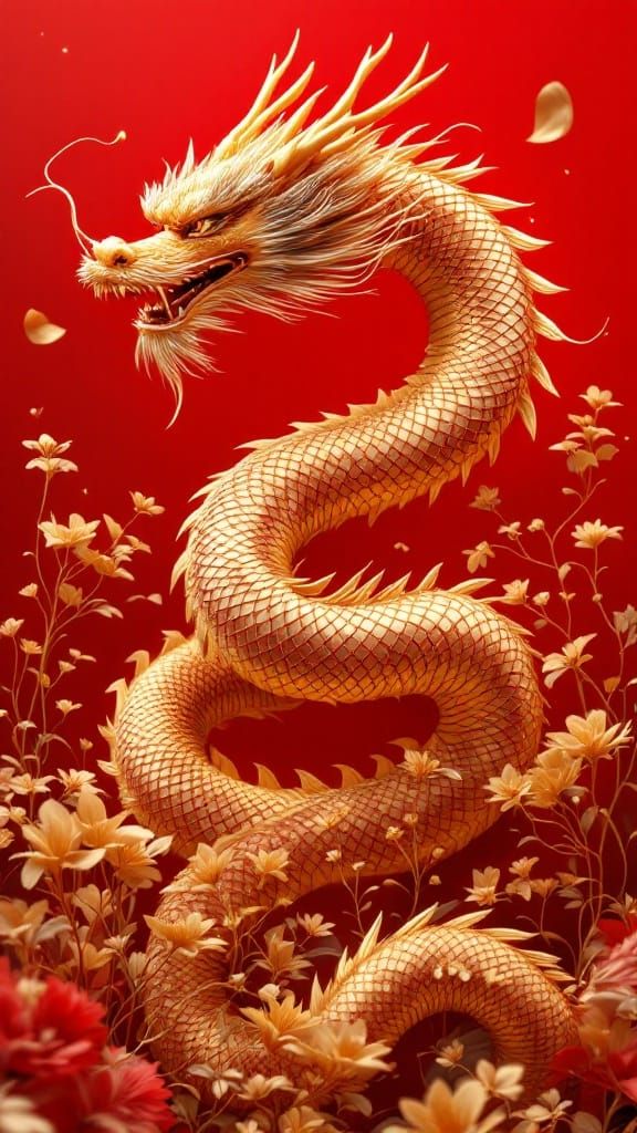 Golden Dragon Amidst Festive Plants in Matte Painting Style