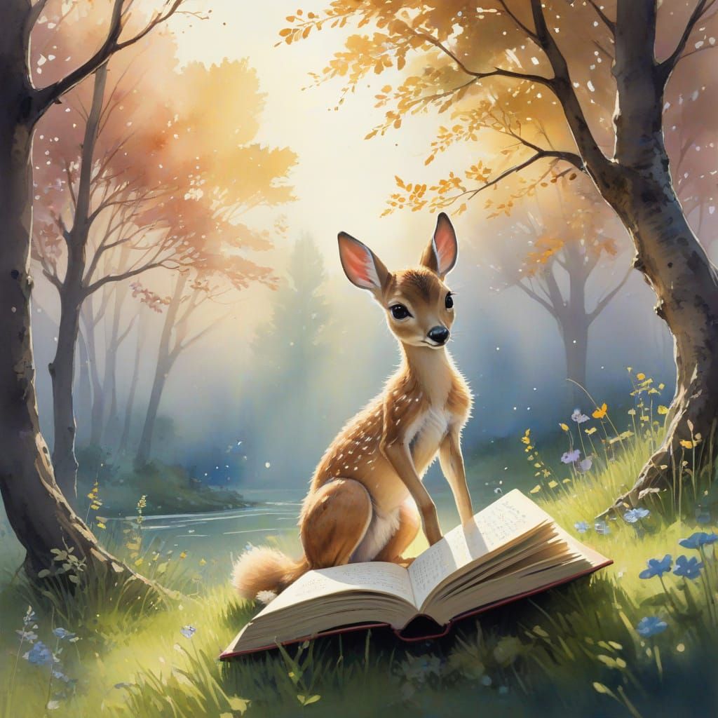 Dappled Fawn and Magical Floating Book in Forest