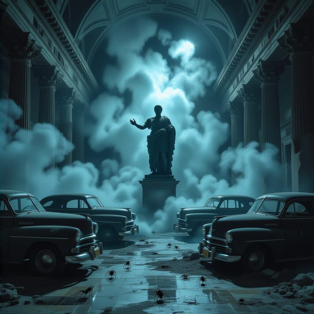 Ominous Fog and Neon in Dystopian Ruins