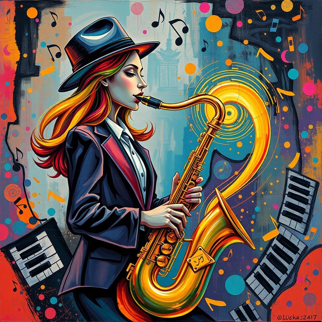 Vibrant Jazz Scene with Rainbow Hair, Art Nouveau Style
