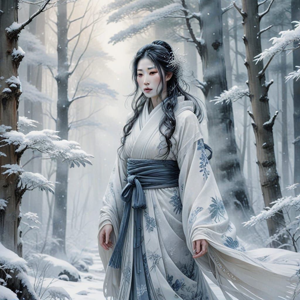 Yuki Onna in Snow Forest: Japanese Watercolor