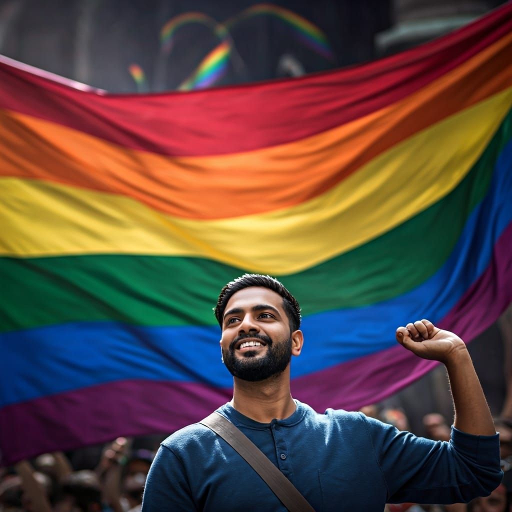 Joyful Indian Man Waving Rainbow Flag at Pride