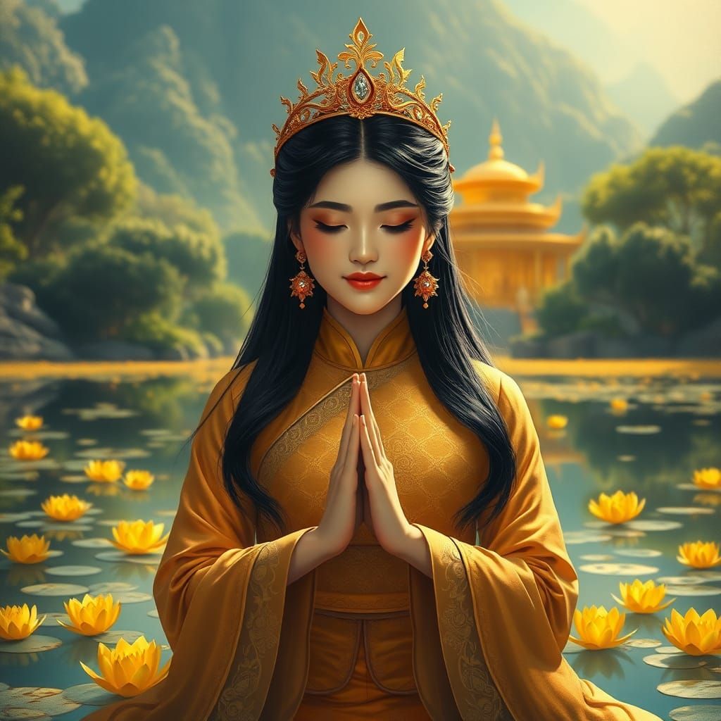 Asian Woman in Golden Costume with Temple Backdrop