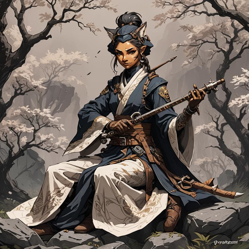 Tabaxi Ranger Character Design in Detailed Ink Style