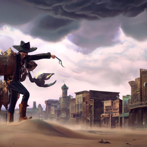 Cowboy's Futuristic Gunfight in Spaghetti Western Town