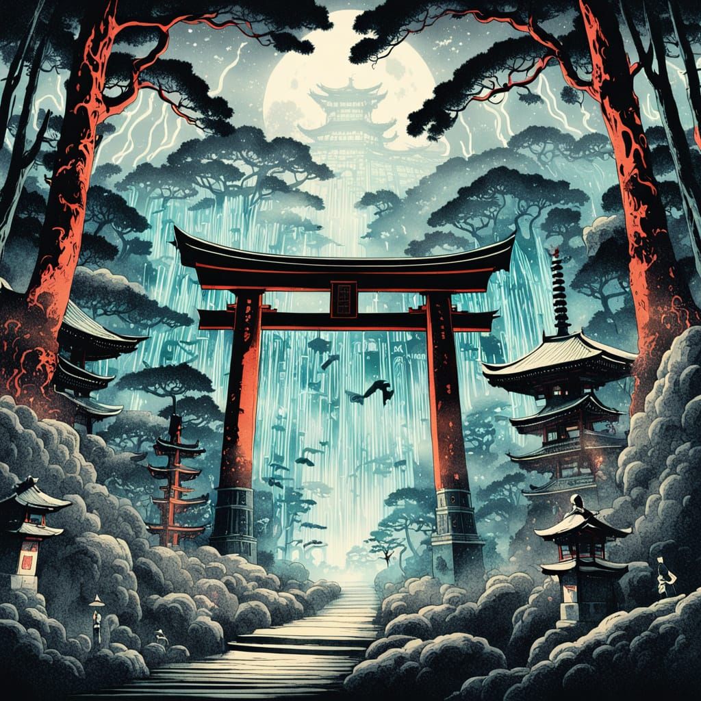 Japanese Forest Torii Gates with Phosphorescent Mist Creatur...