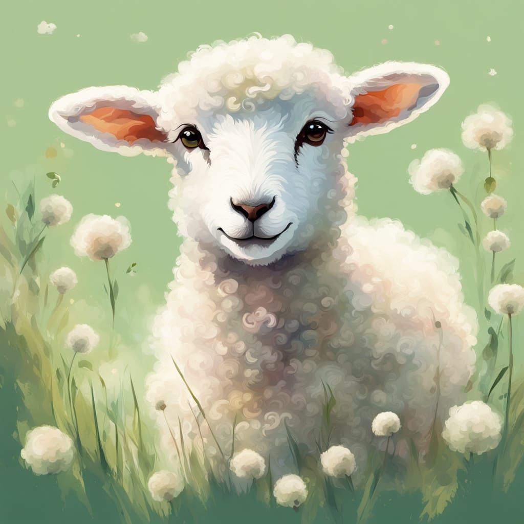 Innocent Lamb in Meadow: Whimsical Digital Painting
