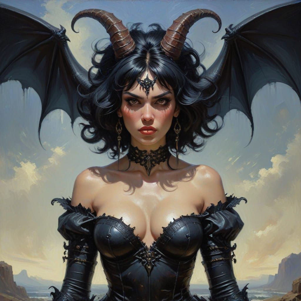 Puffy Demon Woman with Black Hair Oil Painting