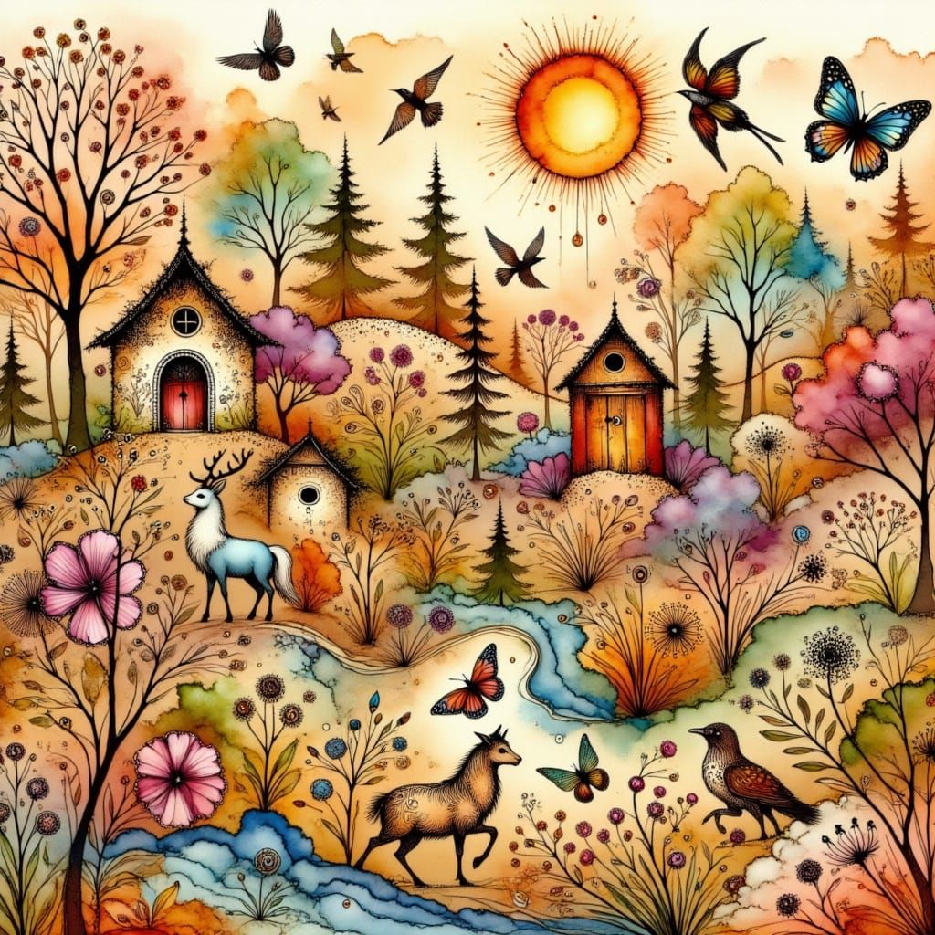 Whimsical Earthy Village Scene in Charcoal