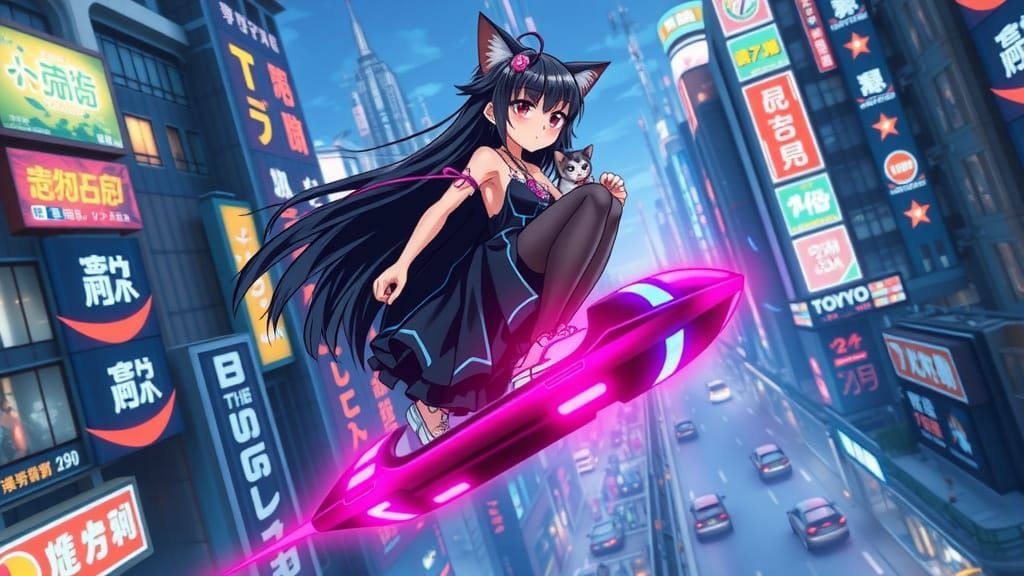Cyberpunk Kiki Soars through Tokyo on a Neon-Lit Hoverboard