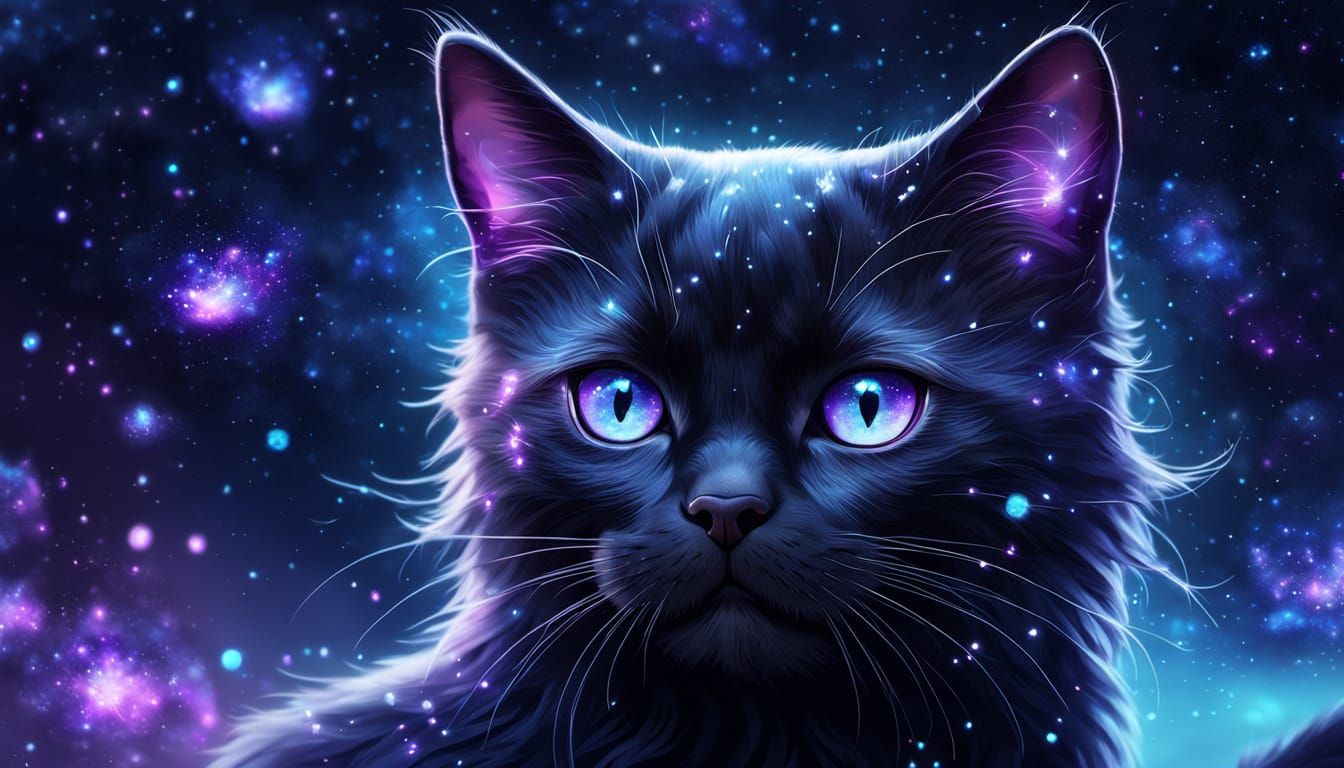 Bioluminescent Cat in Starry Galaxy, Digital Art