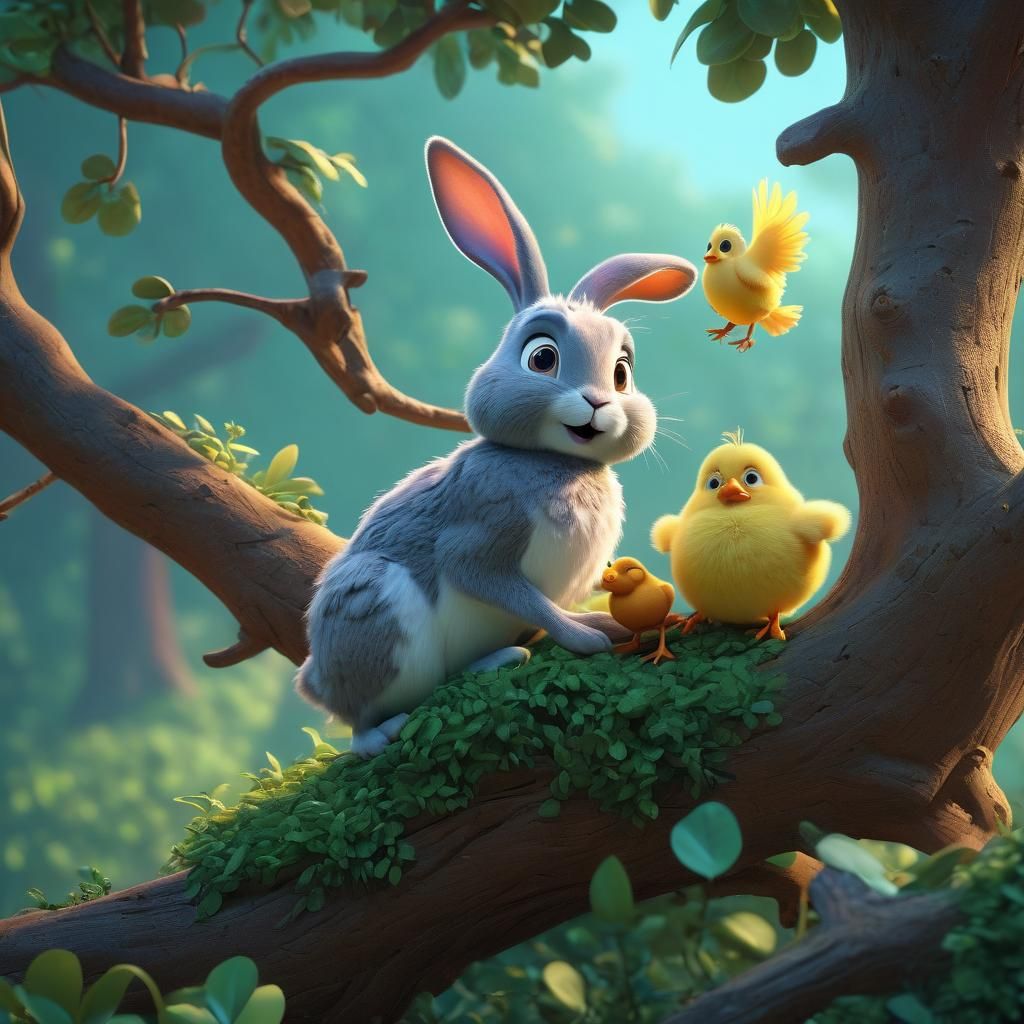 Rabbit Caring for Hen and Chick: 3D Digital Art