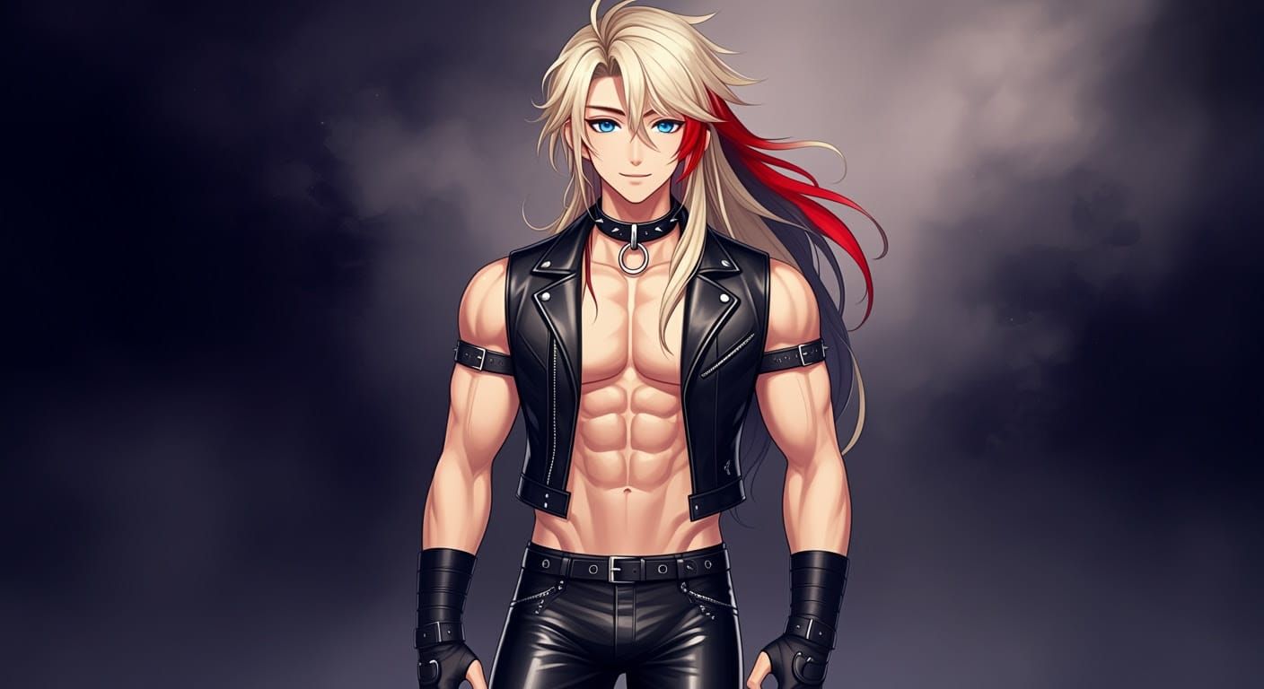 Handsome Anime Guy with Leather Outfit in Cel-Shaded Style