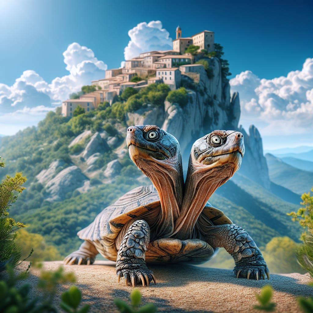 An Hermann's turtle viewed from the side, 2 heads , one head watching to the left, one head wtching to the right, bright...