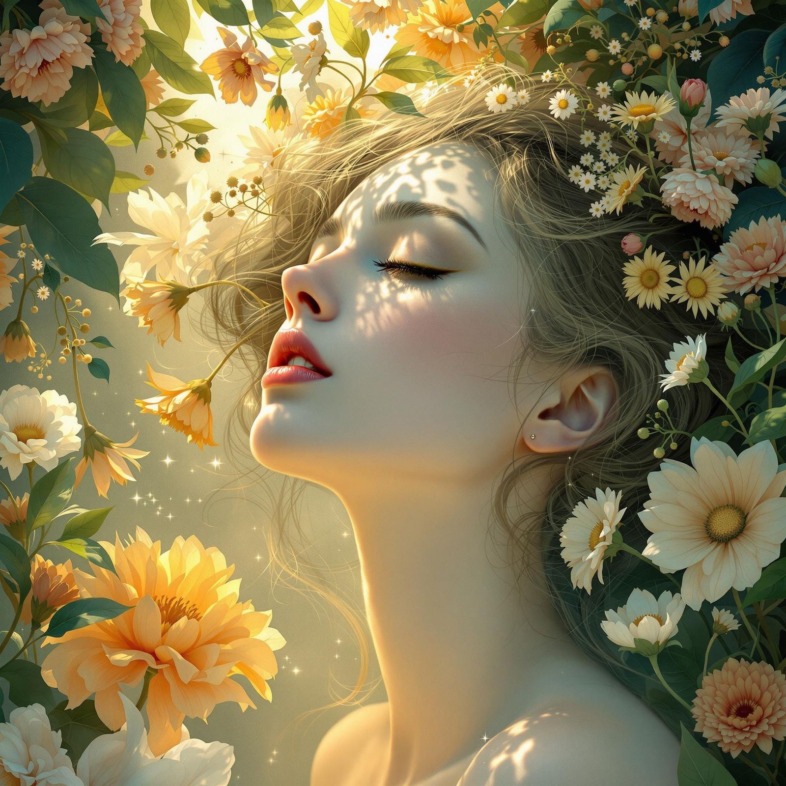 Ethereal Art Nouveau Goddess Amidst Blooming Garden