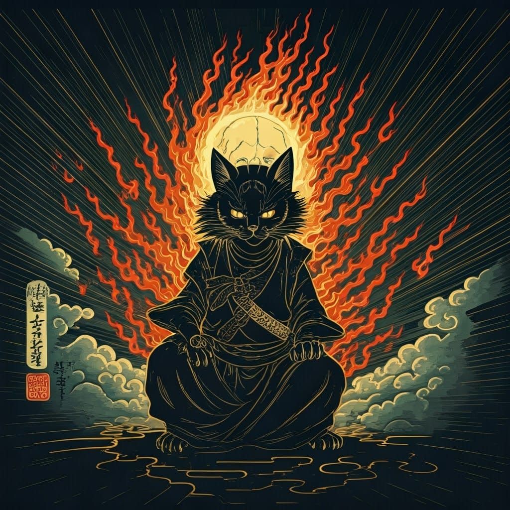Cat Ninja Summons Spirit in Ukiyo-e Style