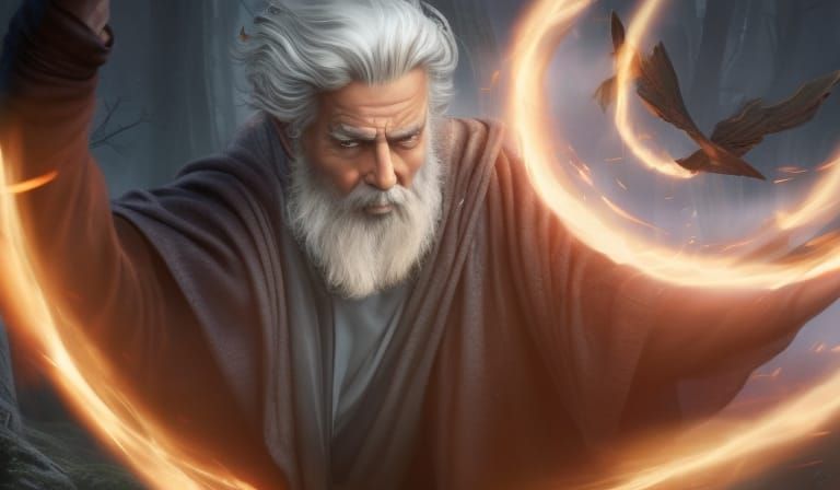 Wizard Casting Spell with Glowing Arcane Words