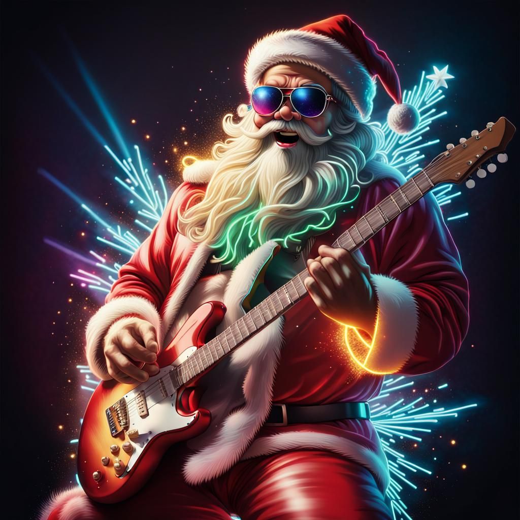 Cool Santa Plays Electric Guitar in Neon Style