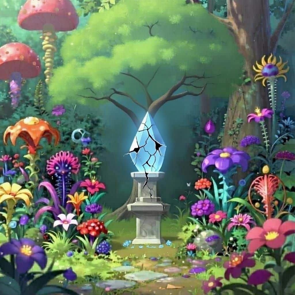 Broken Shrine Amidst Vibrant Alien Flora in Anime Style