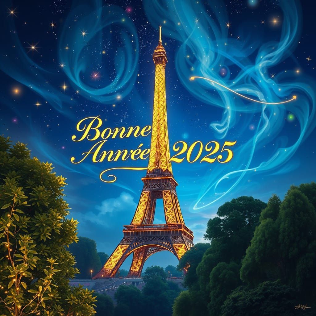 Elegant Tour Eiffel Illuminated by Starry Night Sky and Whim...