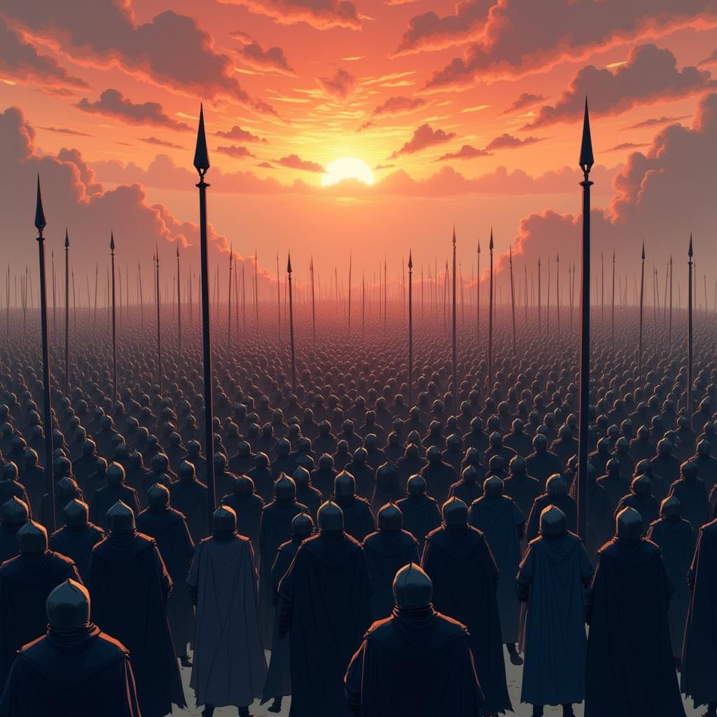 Armored Knights in Fog, Anime-Style Scene