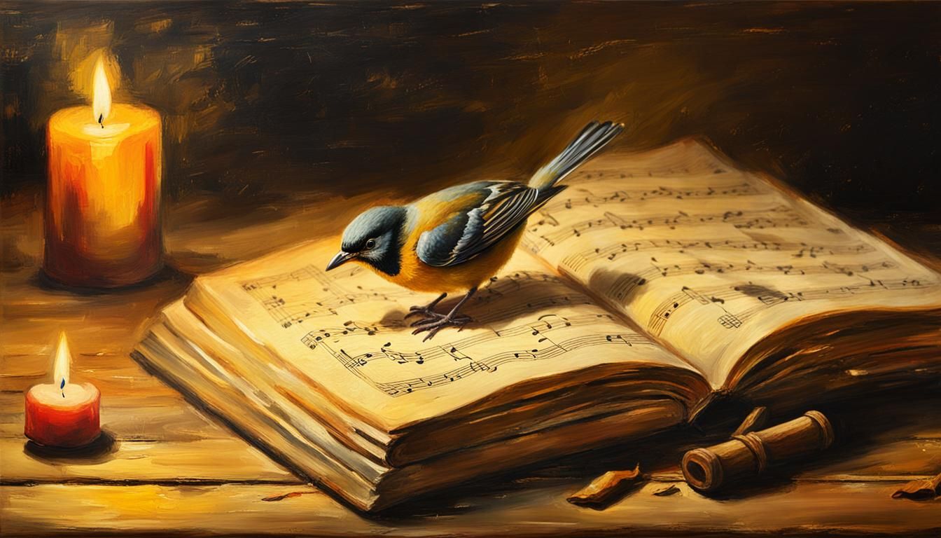 Bird on Antique Music Notebook in Oil Painting