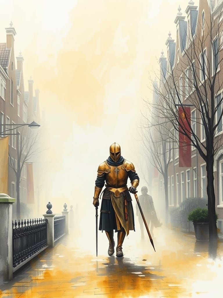 Knight in Foggy Amsterdam: Ink Painting