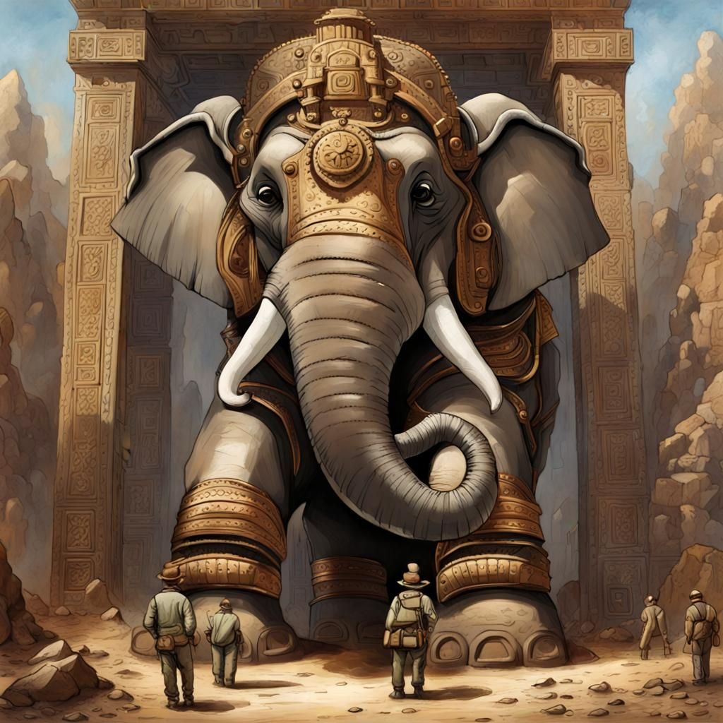 Mechanical Elephant Temple Guard in Dark Fantasy Style