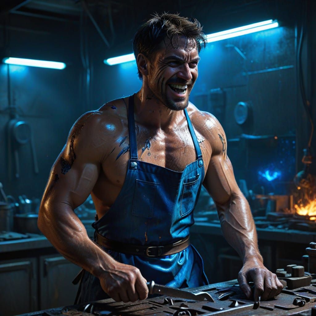 Industrial Worker in Neon-Lit Factory