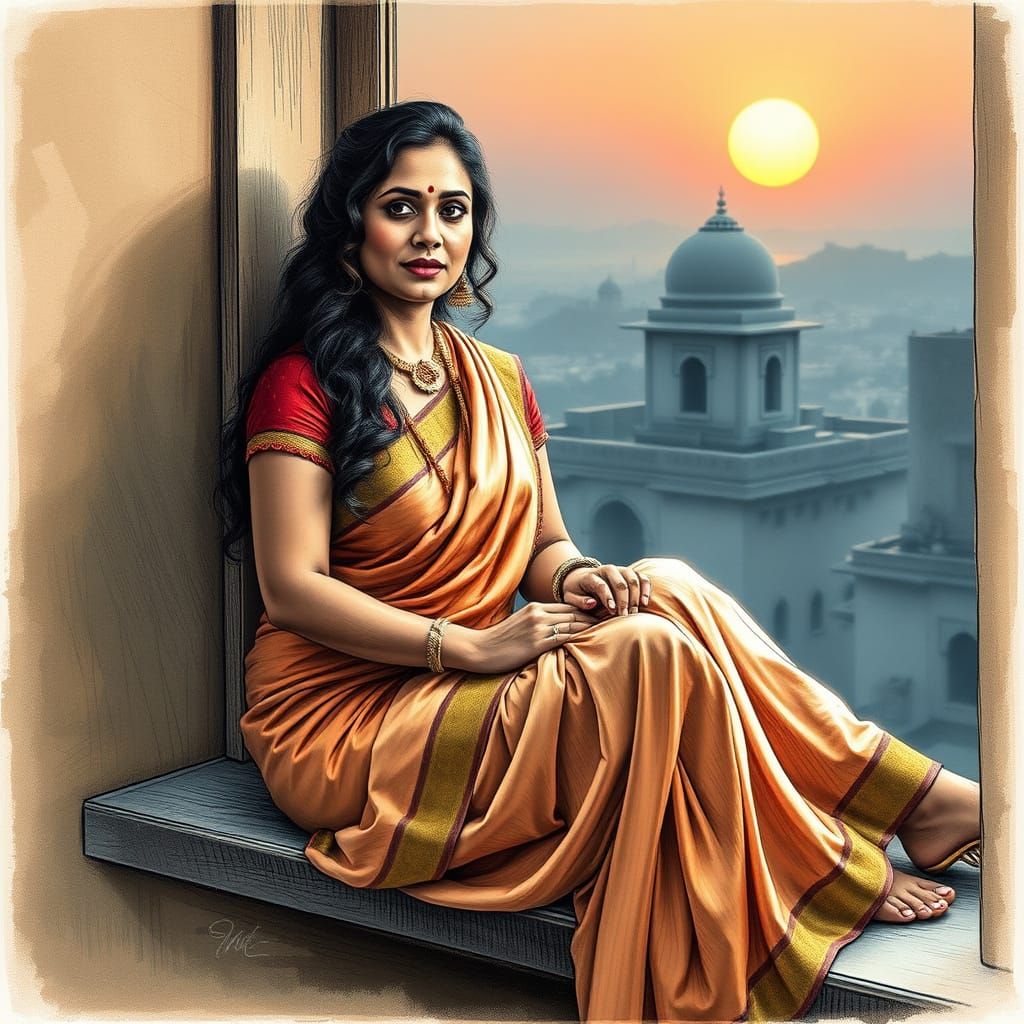 Stunning Indian Woman in Traditional Sari Dress, Set Against...