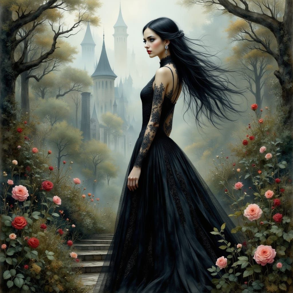 Gothic Woman in Ethereal Rose Garden
