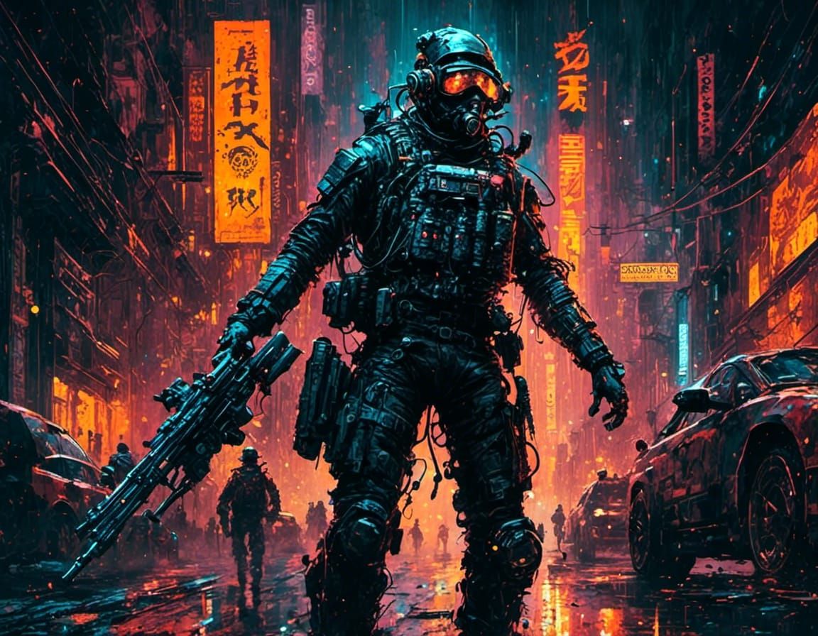 Spectral Hunter with Rifle in Cyberpunk Style