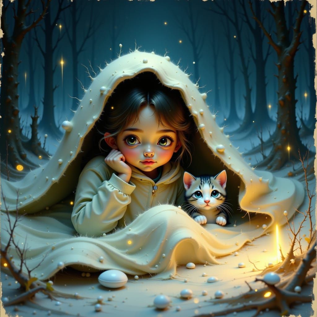 Girl and Kitten Peek from Blanket in Storm, Storybook Style