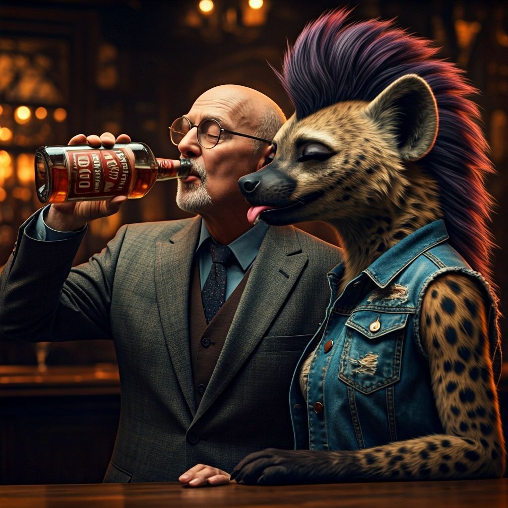 Elderly Man and Hyena Enjoying Dive Bar Drink