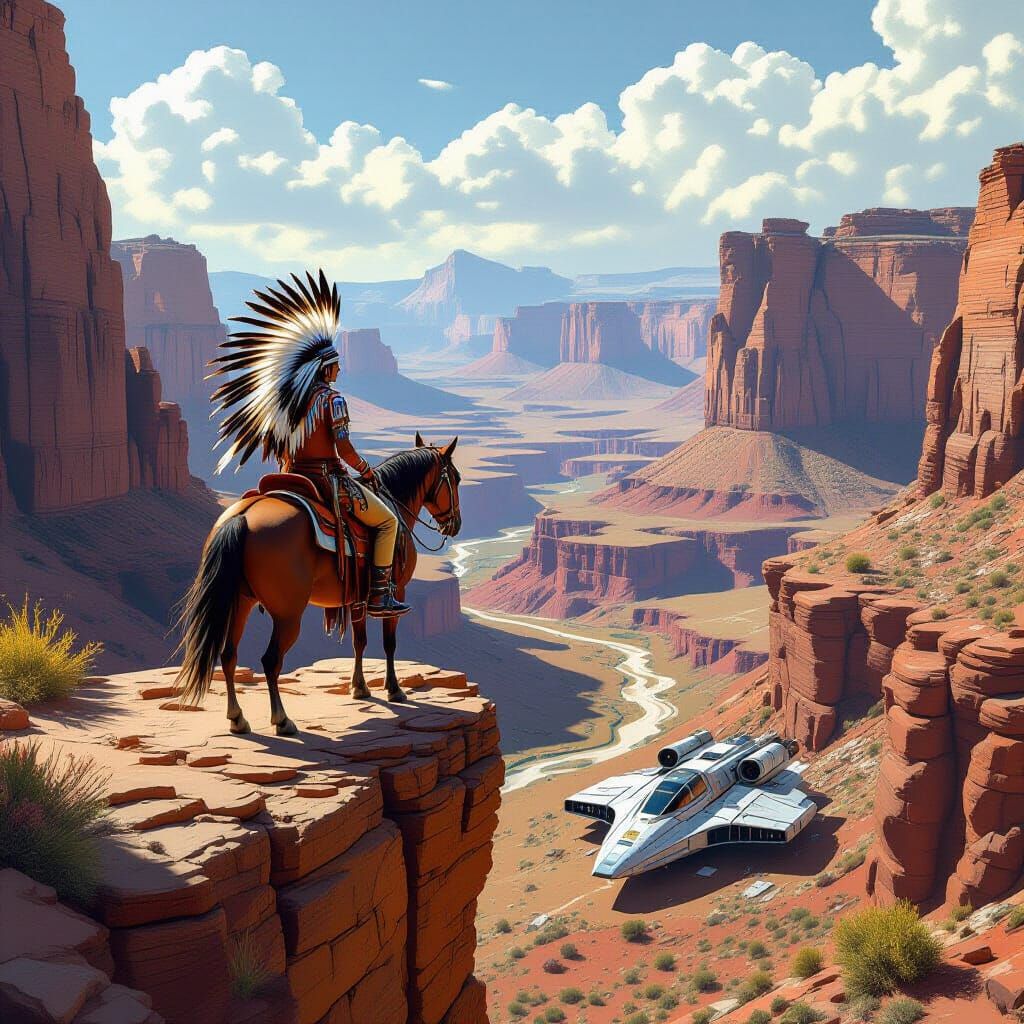 Native American Rider and Spaceship Collision