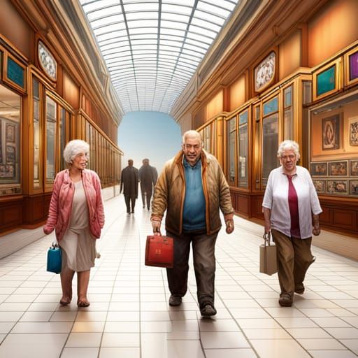 Elderly Shoppers in Modern Mall: Hyperrealistic Splash Art