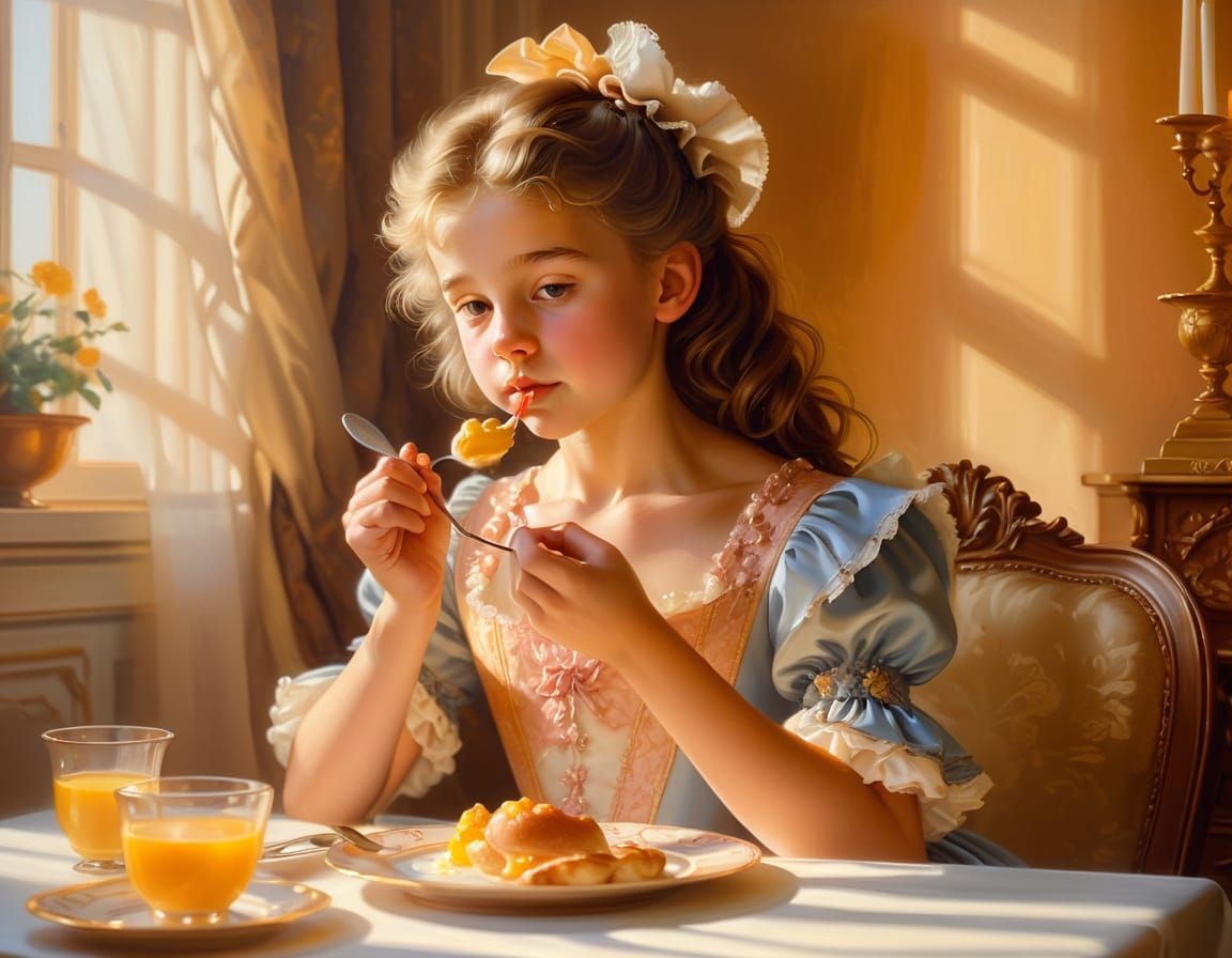 Young Girl's Rococo Breakfast in Golden Light