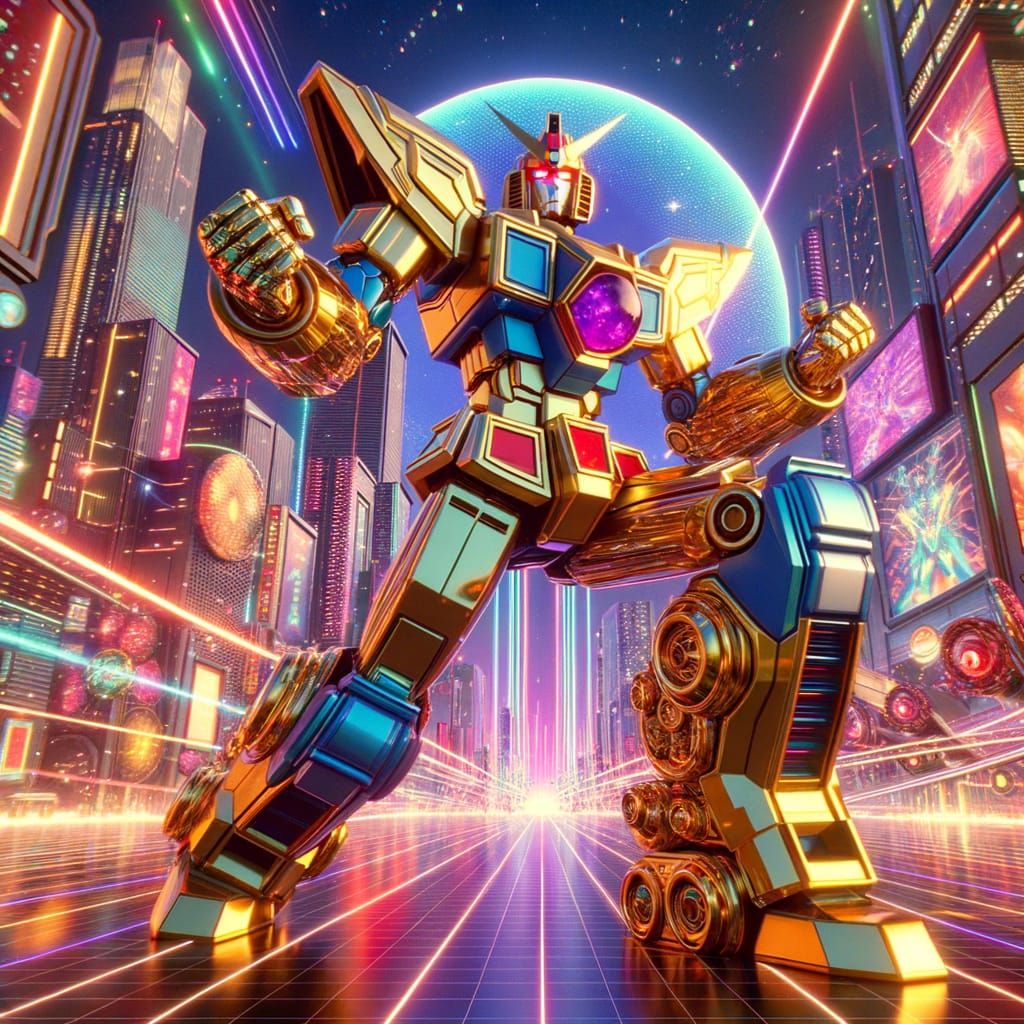 Retro-Futuristic Gold Mecha in 3D Anime Style