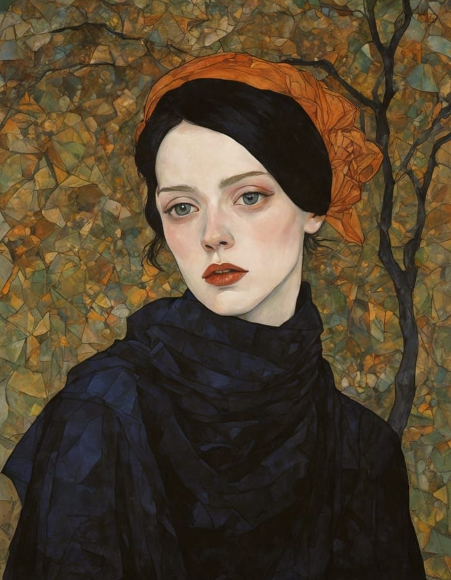 Elegant Goth Girl Portrait in Impasto Style