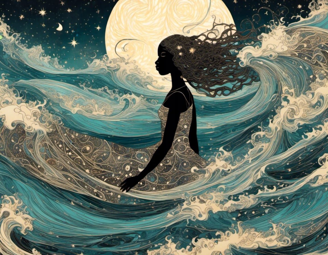 Black Girl Swimming in Starry Ocean: Fractal Art