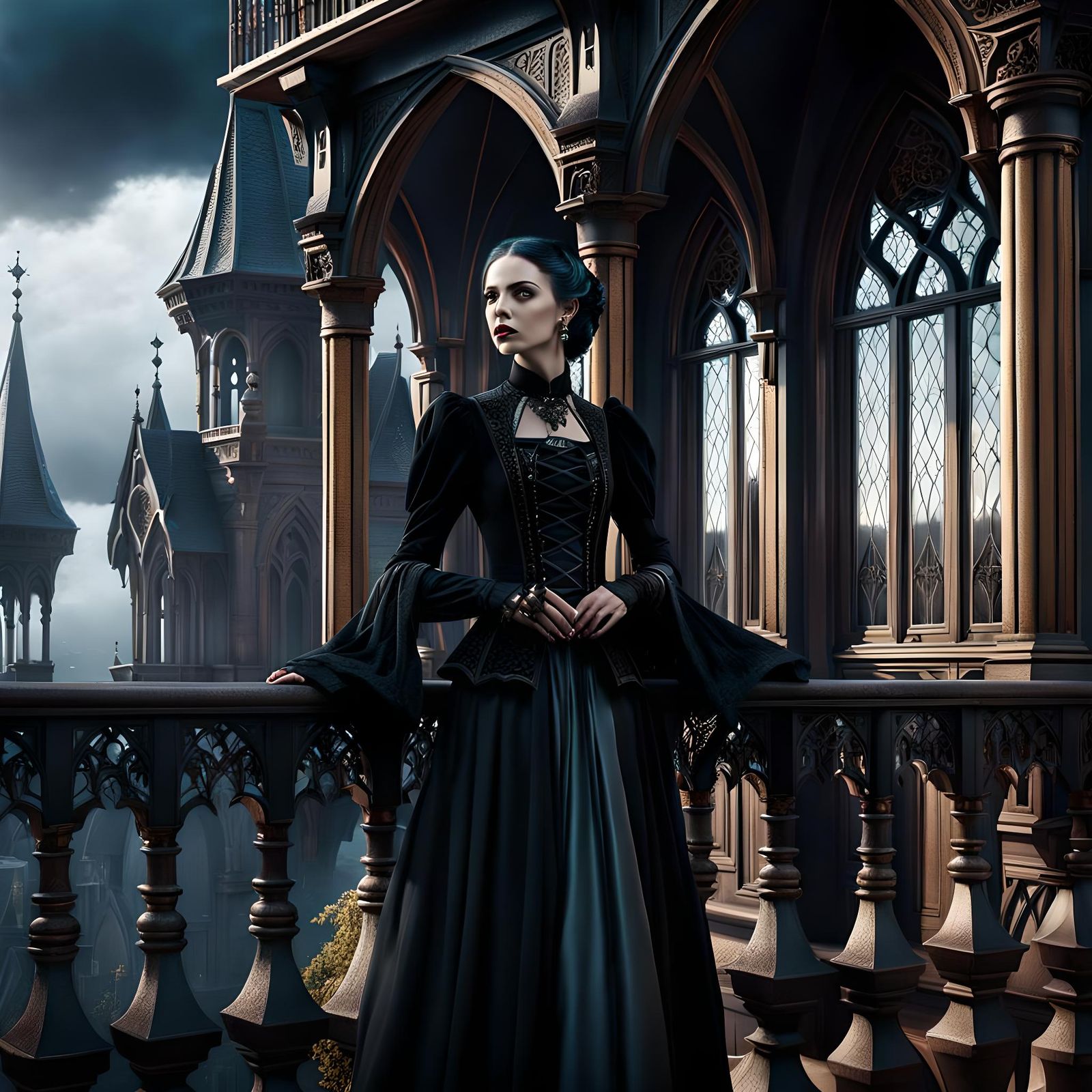 Gothic Fashion on Balcony: Detailed Matte Painting