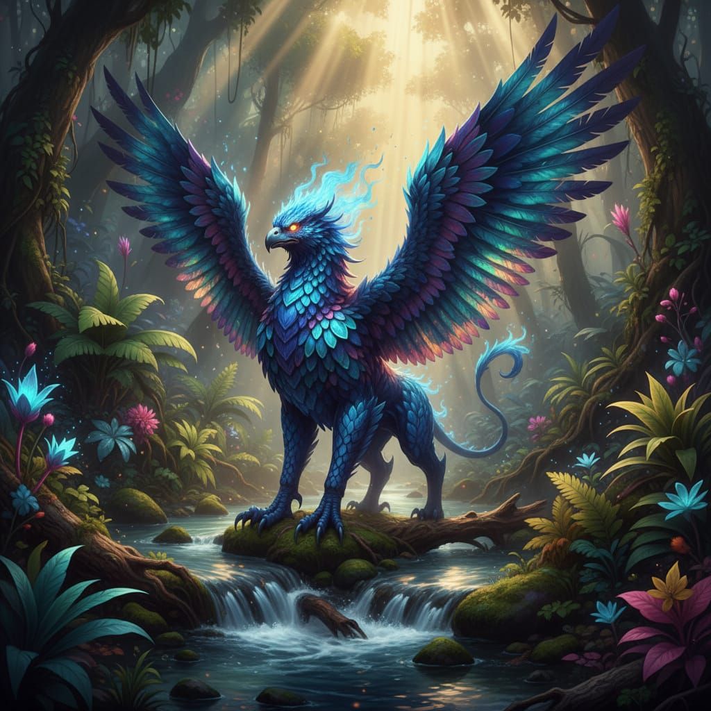 Blue Fire Griffin in Lush Tropical Riverbed