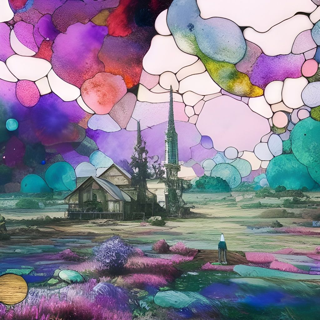 Cosmic Stained Glass Landscape in Mixed Media