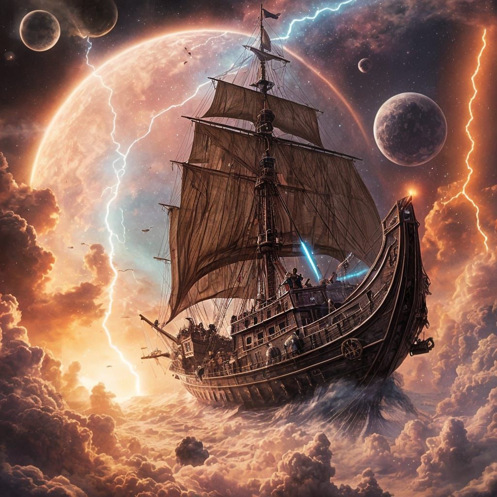 Epic Sky Pirate Ship Sails Through Cosmic Storm in Deep Spac...